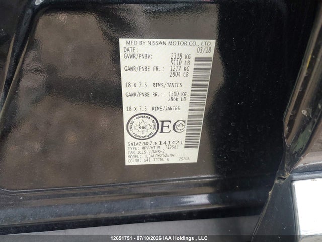 5N1AZ2MG7JN141421 Nissan Murano S/sl/sv/platinum