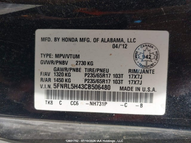 2012 Honda Odyssey Ex მანქანა იყიდება აუქციონზე, vin: 5FNRL5H43CB506480, აუქციონის ნომერი: 12651752