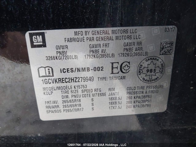 2017 Chevrolet Silverado 1500 Lt მანქანა იყიდება აუქციონზე, vin: 1GCVKREC2HZ279949, აუქციონის ნომერი: 12651764