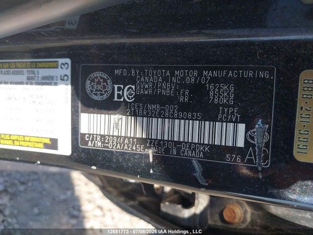 12651773 :رقم المزاد ، 2T1BR32E28C890835 vin ، 2008 Toyota Corolla Ce/le/s مزاد بيع