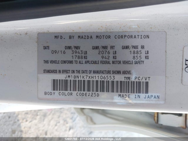 Aukcja sprzedaży 2017 Mazda Mazda3, vin: JM1BN1K7XH1106553, numer aukcji: 12651783