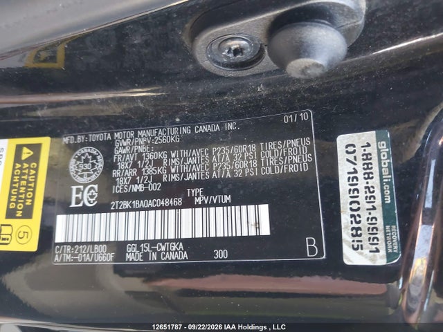 12651787 :رقم المزاد ، 2T2BK1BA0AC048468 vin ، 2010 Lexus Rx 350 مزاد بيع