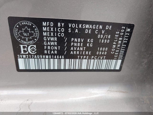 3VW217AU9HM014646 Volkswagen Golf 1.8 Tsi Comfortline/1.8 Tsi Highline/1.8 Tsi Trendline