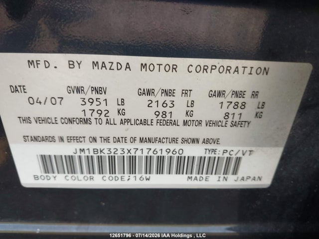 Продаж на аукціоні авто 2007 Mazda 3 S, vin: JM1BK323X71761960, номер лоту: 12651796