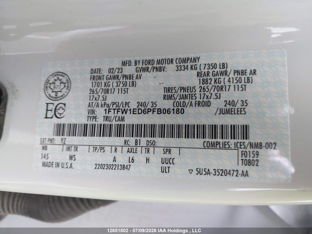 12651802 :رقم المزاد ، 1FTFW1ED6PFB06180 vin ، 2023 Ford F-150 Xl مزاد بيع