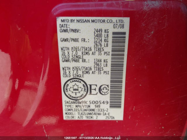 Aukcja sprzedaży 2009 Nissan Xterra Off Road/s/se, vin: 5N1AN08W99C500549, numer aukcji: 12651807
