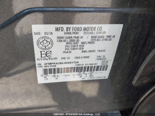 Продаж на аукціоні авто 2018 Ford Edge Sel, vin: 2FMPK4J90JBB81724, номер лоту: 12651822