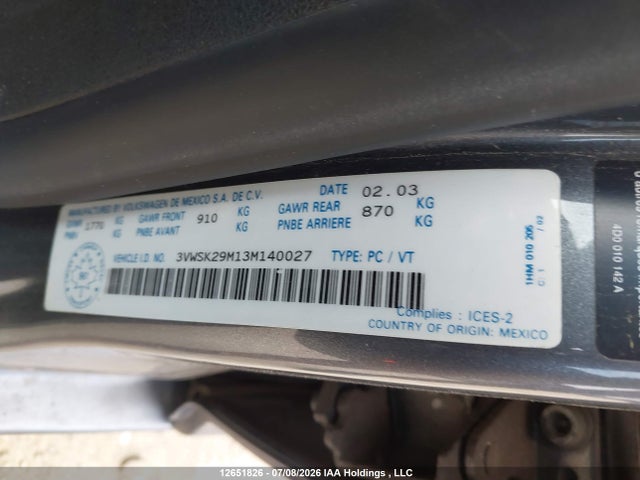 12651826 :رقم المزاد ، 3VWSK29M13M140027 vin ، 2003 Volkswagen Jetta Gls 2.0l مزاد بيع