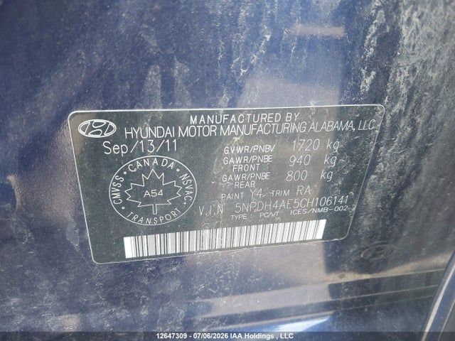 Aukcja sprzedaży 2012 Hyundai Elantra Gls, vin: 5NPDH4AE5CH106141, numer aukcji: 12647309