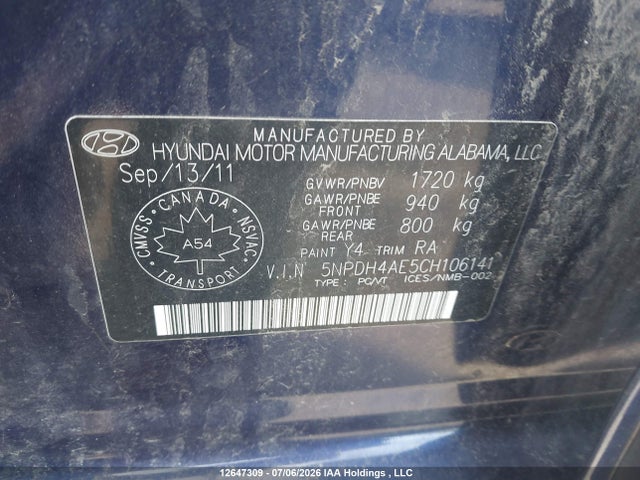 Aukcja sprzedaży 2012 Hyundai Elantra Gls, vin: 5NPDH4AE5CH106141, numer aukcji: 12647309