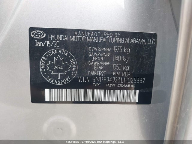 2020 Hyundai Sonata მანქანა იყიდება აუქციონზე, vin: 5NPEJ4J23LH025332, აუქციონის ნომერი: 12651835