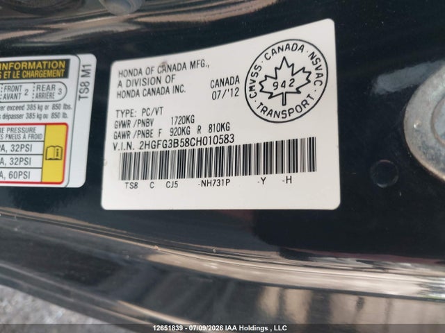 Продаж на аукціоні авто 2012 Honda Civic, vin: 2HGFG3B58CH010583, номер лоту: 12651839