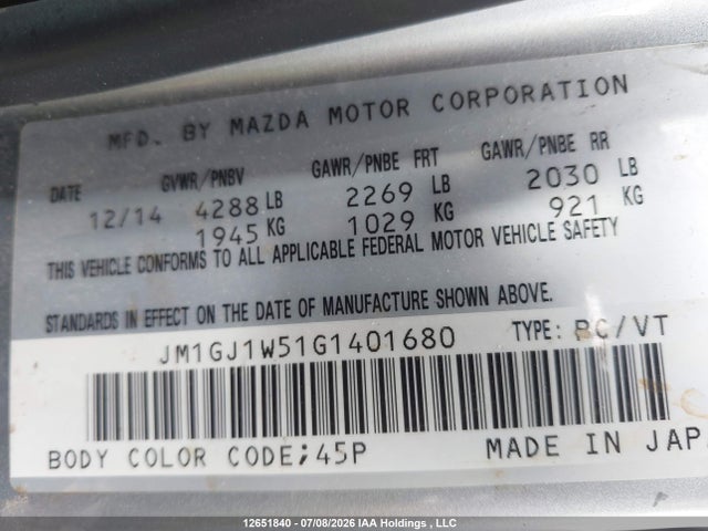 2016 Mazda 6 Grand Touring მანქანა იყიდება აუქციონზე, vin: JM1GJ1W51G1401680, აუქციონის ნომერი: 12651840