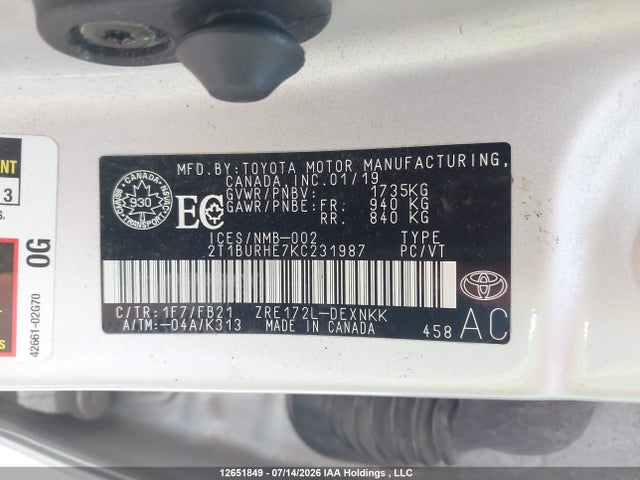 Продаж на аукціоні авто 2019 Toyota Corolla L/le/xle/se/xse, vin: 2T1BURHE7KC231987, номер лоту: 12651849