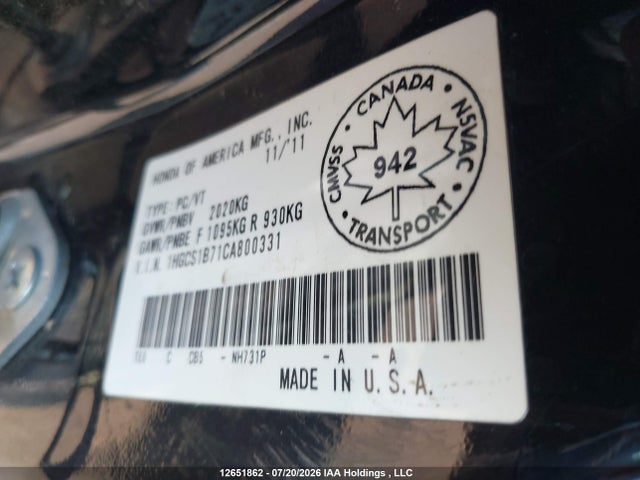 12651862 :رقم المزاد ، 1HGCS1B71CA800331 vin ، 2012 Honda Accord Ex مزاد بيع
