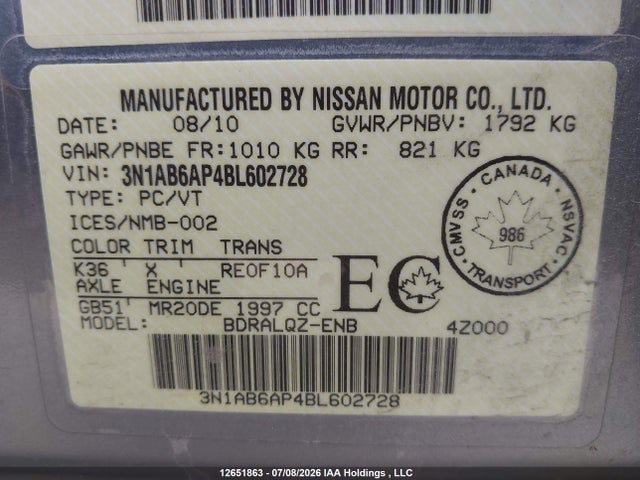 Продаж на аукціоні авто 2011 Nissan Sentra 2.0, vin: 3N1AB6AP4BL602728, номер лоту: 12651863