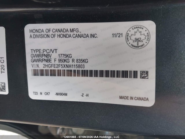 Honda Civic 2022 2HGFE2F5XNH115803 Image 9