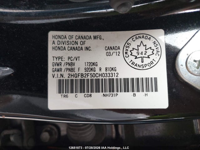 2012 Honda Civic Lx მანქანა იყიდება აუქციონზე, vin: 2HGFB2F50CH033312, აუქციონის ნომერი: 12651873