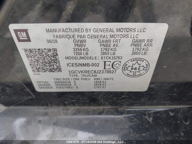 Aukcja sprzedaży 2018 Chevrolet Silverado 1500 2lt, vin: 1GCVKREC8JZ378927, numer aukcji: 12651875
