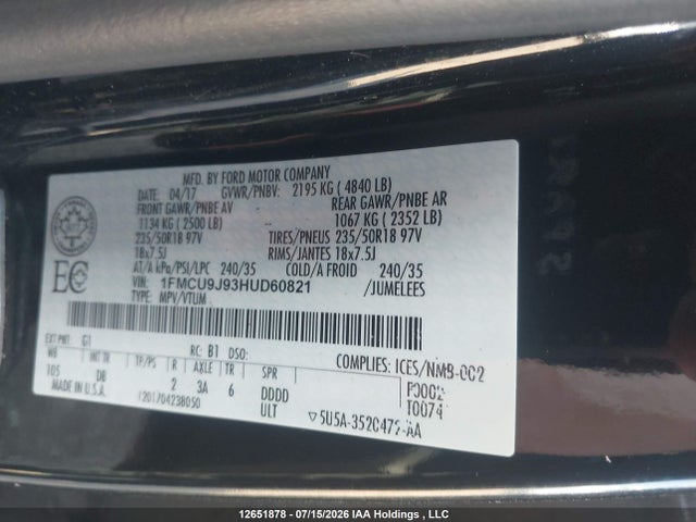 Aukcja sprzedaży 2017 Ford Escape Titanium, vin: 1FMCU9J93HUD60821, numer aukcji: 12651878