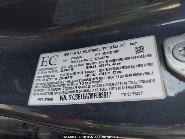 Tesla Model 3 Standard Range/standard Range Plus 2021 5YJ3E1EA7MF085917 Image 9
