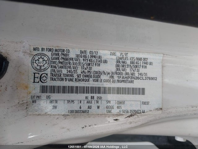 12651881 :رقم المزاد ، 1FAHP3N26CL376902 vin ، 2012 Ford Focus مزاد بيع