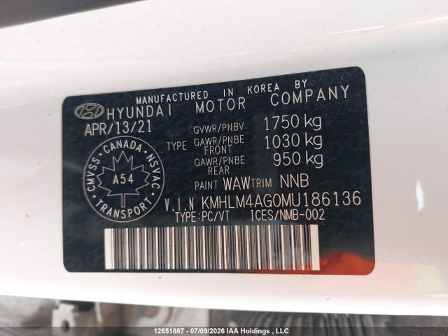 12651887 :رقم المزاد ، KMHLM4AG0MU186136 vin ، 2021 Hyundai Elantra مزاد بيع