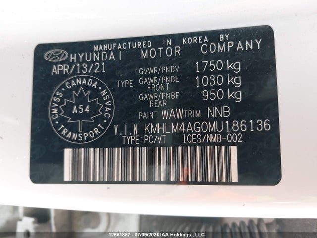 12651887 :رقم المزاد ، KMHLM4AG0MU186136 vin ، 2021 Hyundai Elantra مزاد بيع