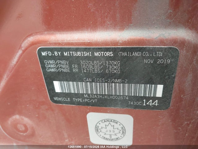 ML32A3HJXLH002674 Mitsubishi Mirage Es/se