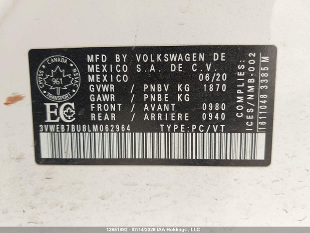 Aukcja sprzedaży 2020 Volkswagen Jetta, vin: 3VWEB7BU8LM062964, numer aukcji: 12651892