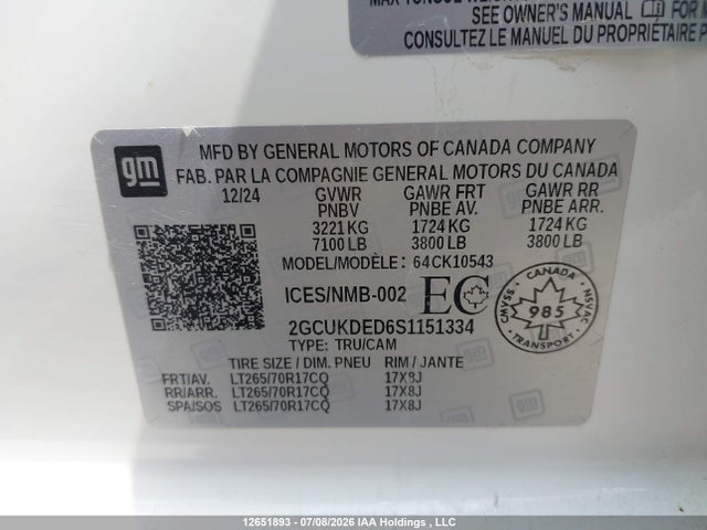 Aukcja sprzedaży 2025 Chevrolet Silverado K1500 Lt, vin: 2GCUKDED6S1151334, numer aukcji: 12651893