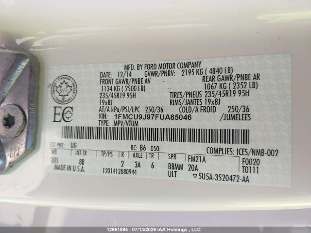 Ford Escape Titanium 2015 1FMCU9J97FUA85046 Image 9