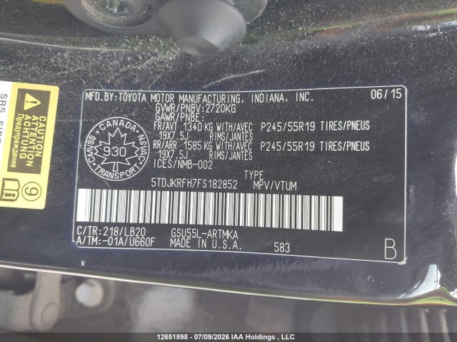 Продаж на аукціоні авто 2015 Toyota Highlander Xle, vin: 5TDJKRFH7FS182852, номер лоту: 12651898