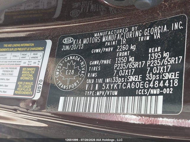 12651899 :رقم المزاد ، 5XYKTCA60EG484418 vin ، 2014 Kia Sorento Lx/lx Premium/se مزاد بيع