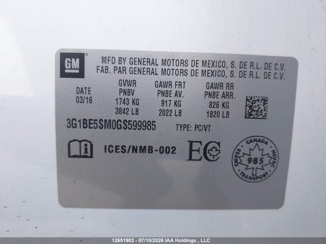 Продаж на аукціоні авто 2016 Chevrolet Cruze, vin: 3G1BE5SM0GS599985, номер лоту: 12651903
