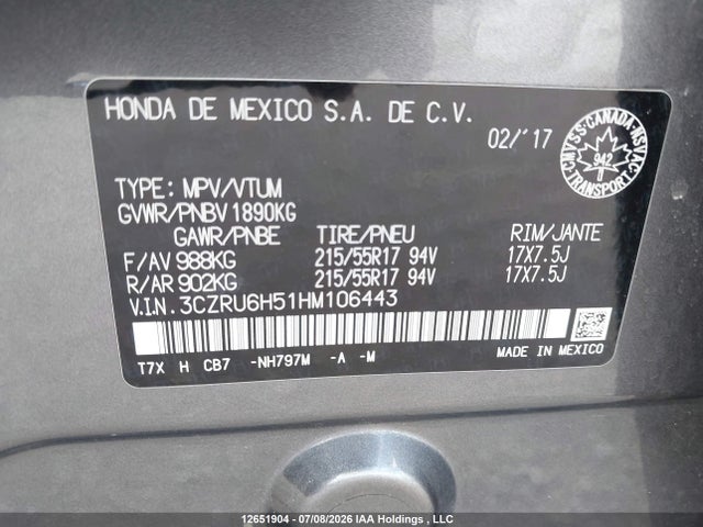 Продажа на аукционе авто 2017 Honda Hr-v Ex, vin: 3CZRU6H51HM106443, номер лота: 12651904