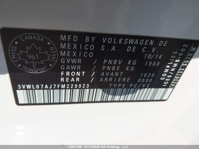 Продаж на аукціоні авто 2015 Volkswagen Jetta 1.8 Tsi Highline, vin: 3VWL07AJ7FM229923, номер лоту: 12651906
