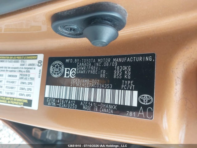 12651910 :رقم المزاد ، 2T1KE4EE7AC034353 vin ، 2010 Toyota Matrix مزاد بيع
