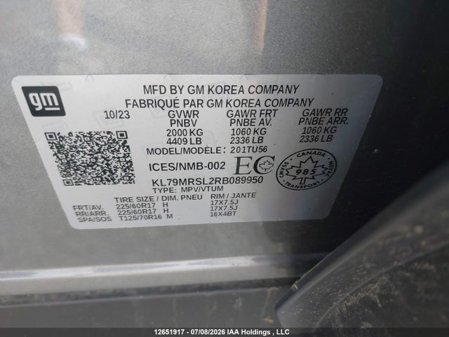 2024 Chevrolet Trailblazer Lt მანქანა იყიდება აუქციონზე, vin: KL79MRSL2RB089950, აუქციონის ნომერი: 12651917