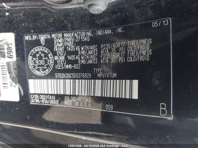 2013 Toyota Sienna V6 7 Passenger მანქანა იყიდება აუქციონზე, vin: 5TDZK3DC5DS376929, აუქციონის ნომერი: 12581928