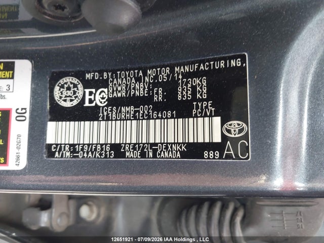 Продажа на аукционе авто 2014 Toyota Corolla L/le/le Pls/prm/s/s Pls, vin: 2T1BURHE1EC164081, номер лота: 12651921