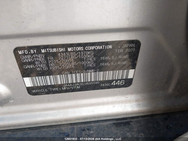 12651933 :رقم المزاد ، JA4AJ3AUXLU605090 vin ، 2020 Mitsubishi Rvr Es مزاد بيع