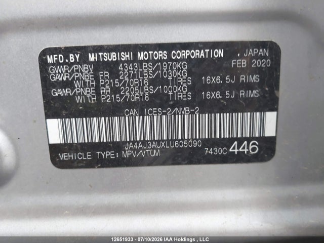 12651933 :رقم المزاد ، JA4AJ3AUXLU605090 vin ، 2020 Mitsubishi Rvr Es مزاد بيع
