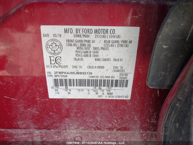 Aukcja sprzedaży 2018 Ford Edge Sel, vin: 2FMPK4J95JBB92136, numer aukcji: 12651934