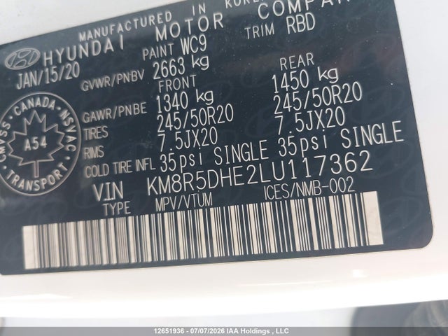 Aukcja sprzedaży 2020 Hyundai Palisade Limited, vin: KM8R5DHE2LU117362, numer aukcji: 12651936
