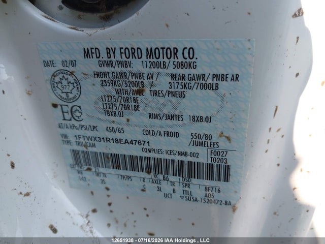 Aukcja sprzedaży 2008 Ford Super Duty F-350 Srw Fx4/lariat/xl/xlt, vin: 1FTWX31R18EA47671, numer aukcji: 12651938