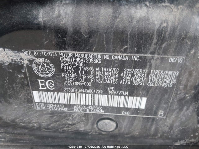 2010 Toyota Rav4 მანქანა იყიდება აუქციონზე, vin: 2T3DF4DV4AW064732, აუქციონის ნომერი: 12651940