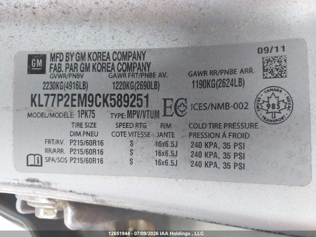 12651944 :رقم المزاد ، KL77P2EM9CK589251 vin ، 2012 Chevrolet Orlando 1lt/2lt مزاد بيع