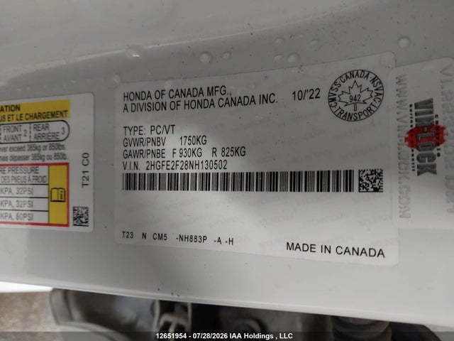 2022 Honda Civic Lx მანქანა იყიდება აუქციონზე, vin: 2HGFE2F28NH130502, აუქციონის ნომერი: 12651954