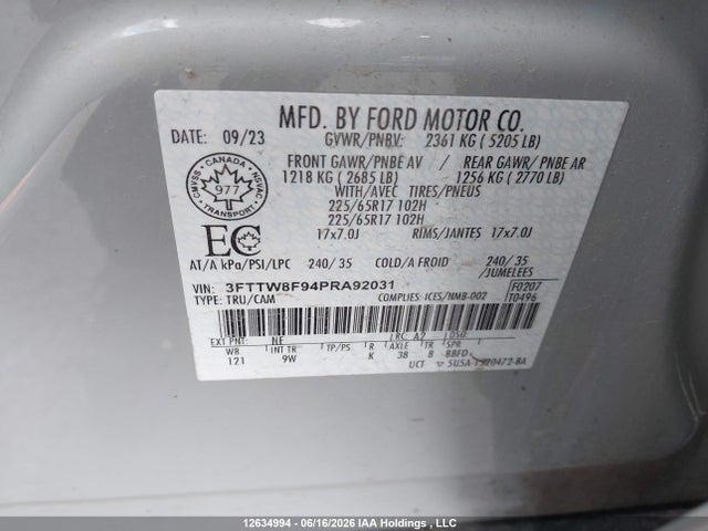 12634994 :رقم المزاد ، 3FTTW8F94PRA92031 vin ، 2023 Ford Maverick Lariat/xl/xlt مزاد بيع